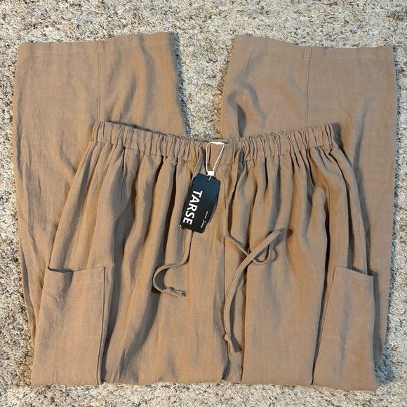 Women's Wide Leg Tan Linen Blend Pants NWT - Picture 2 of 13